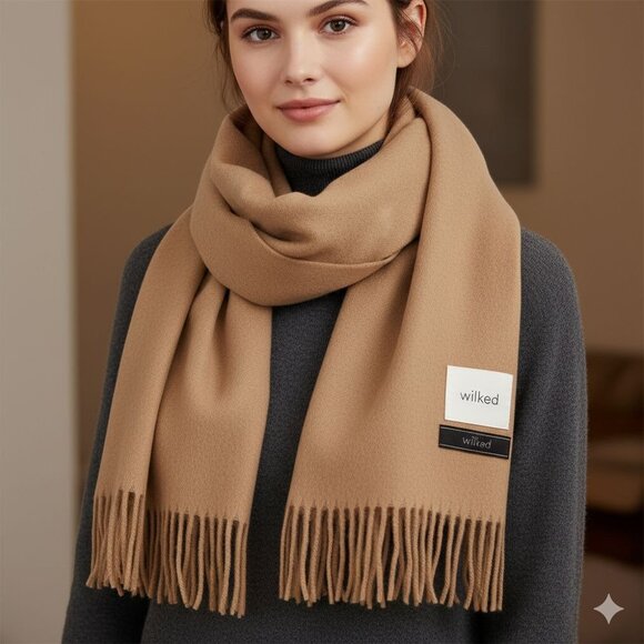 NWT Wilfred Fringed Classic Gold Camel 100% Wool Neck Warmer Scarf XXL - Picture 1 of 14